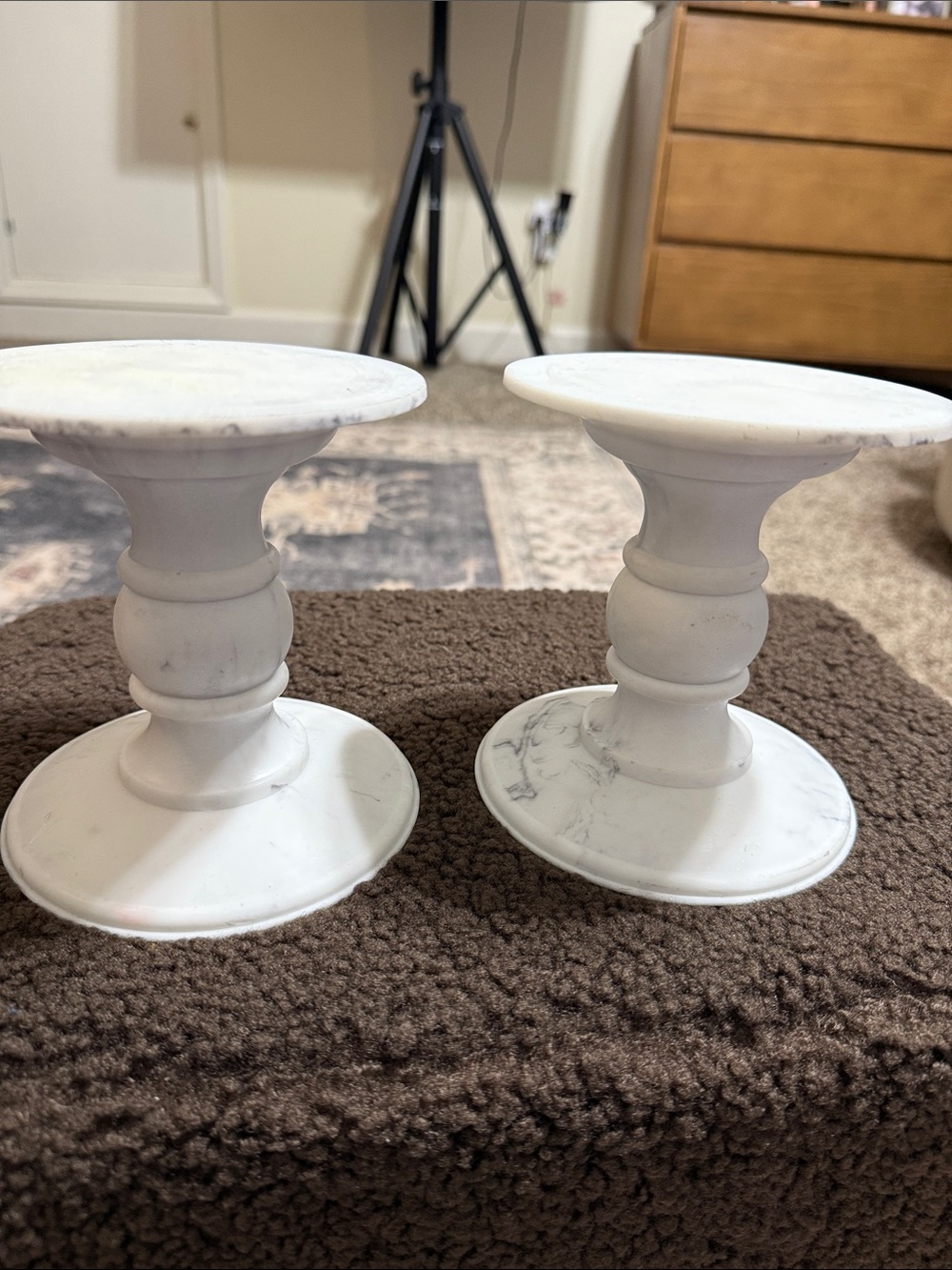 Bath & Body Works White Marble-Effect Pedestal Candle Holders - Pair